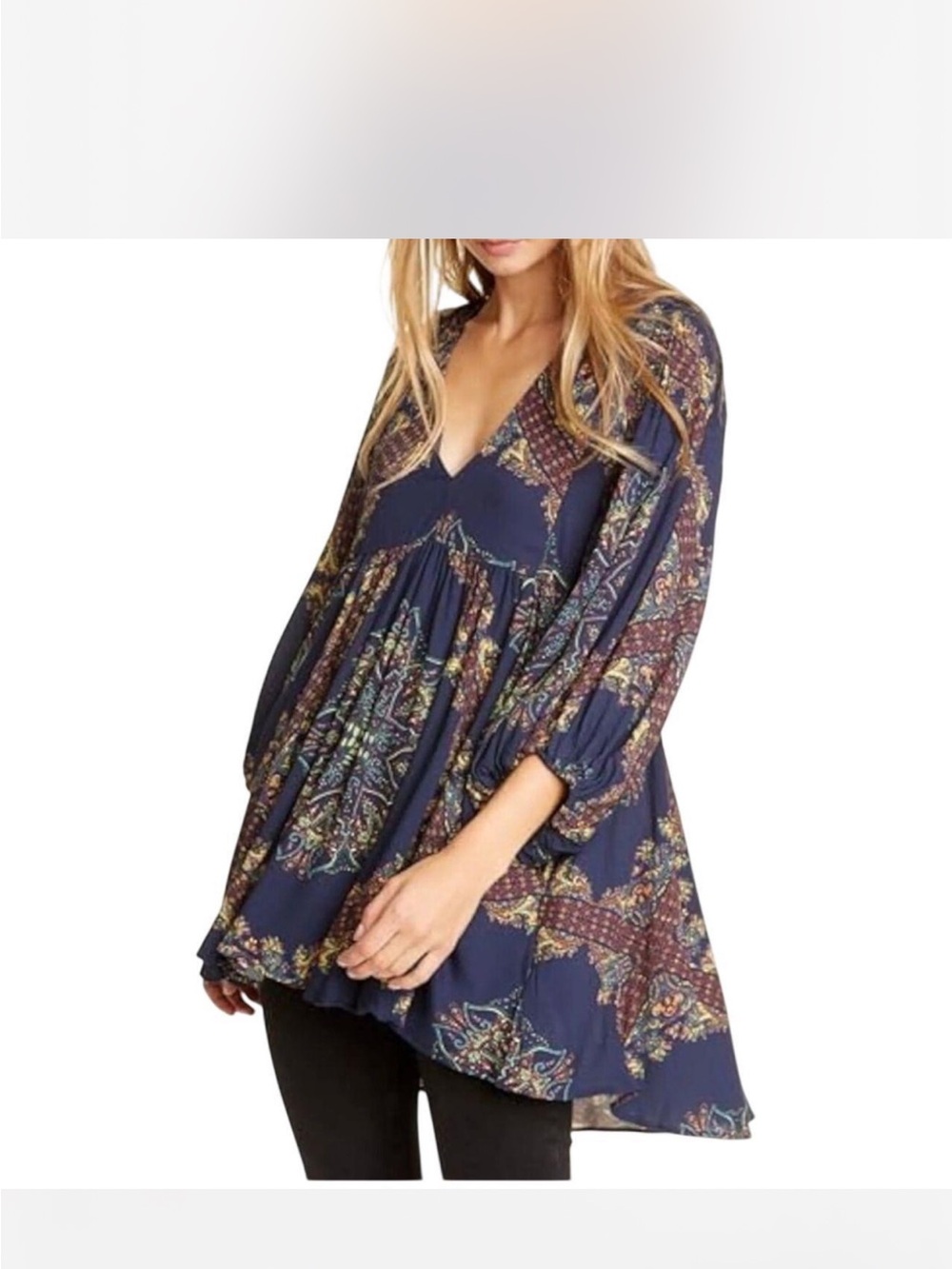 Free People Navy Paisley V-Neck Babydoll Tunic